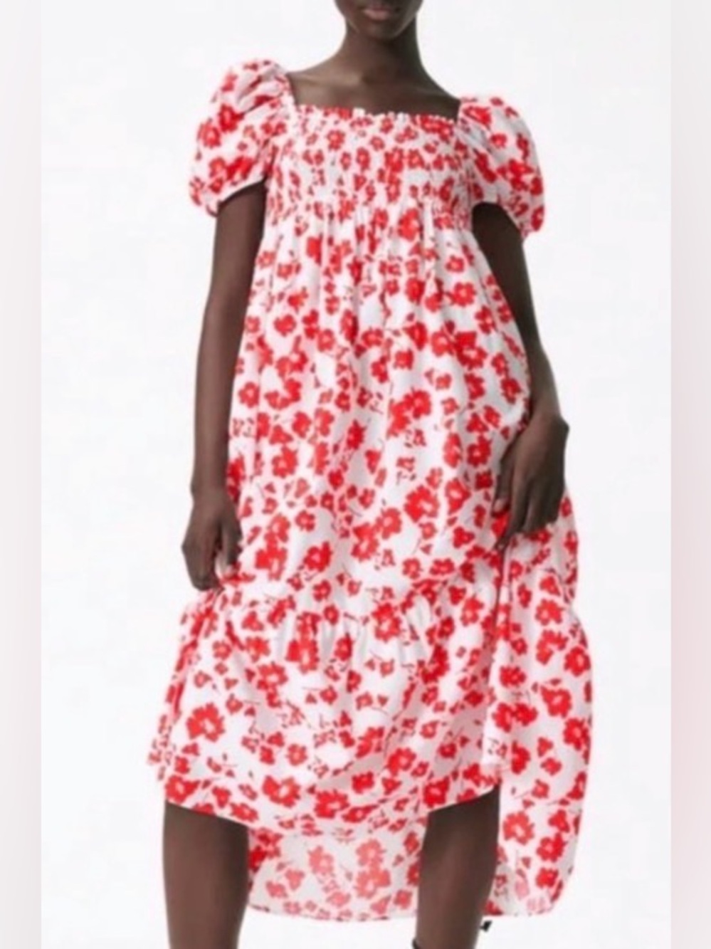 Zara White Dress with Red Floral Print and Puff Detail